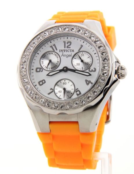 Invicta Womens Crystal Bezel Angel Polished Steel 3 Eye Day Date 