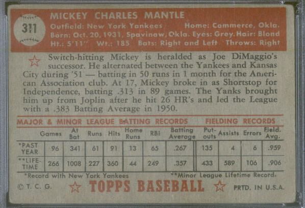 1952 Topps 311 Mickey Mantle PSA 3 (0913)  