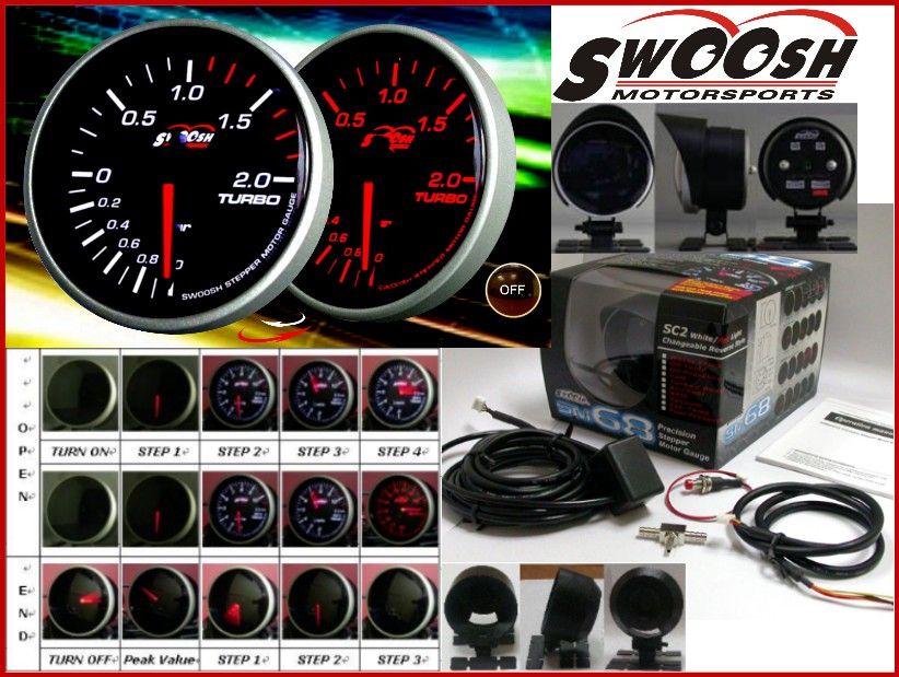 SWOOSH 60mm JDM Stepper TURBO BOOST Gauge Bar W+R  