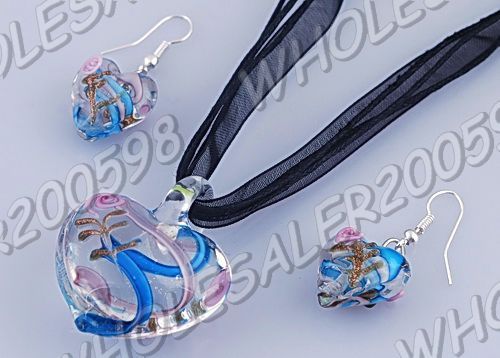 WHOLESALE 12sets heart Lampwork glass pendants+earrings  