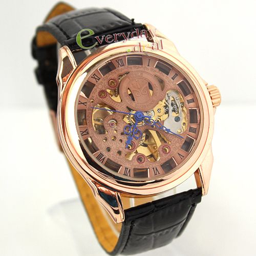 NEW Rose Gold Skeleton Rome Automatic Mechanical Black Leather Watch 