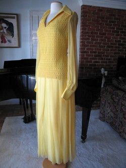 VINTAGE 60s YELLOW CHIFFON GOWN LONG DRESS~PUCKERED CHIFFON BODICE~S/M 