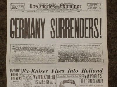 GERMANY SURRENDERS WWI November 11, 1918 LA EXAMINER Newspaper Reprint 