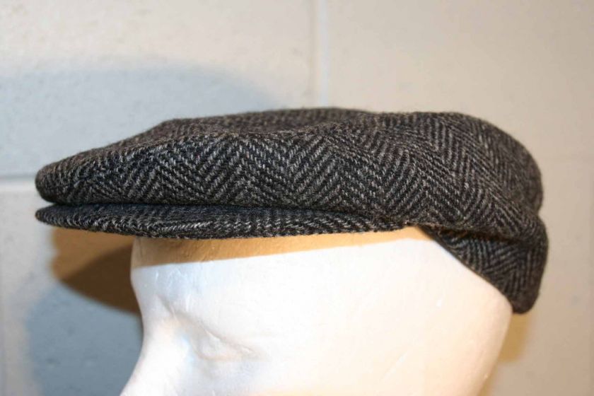 Sz S Mens Vtg GRAY BLACK HERRINGBONE WOOL GOLF SNAP CAP DRIVING HAT 6 