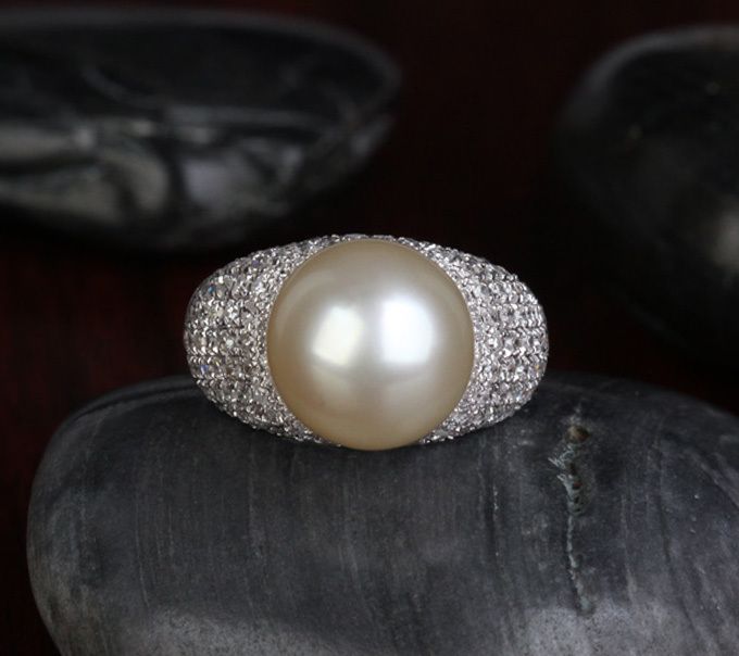 12.3mm South Sea Pearl 14K White Gold Pave 1.11CT Diamond Engagement 