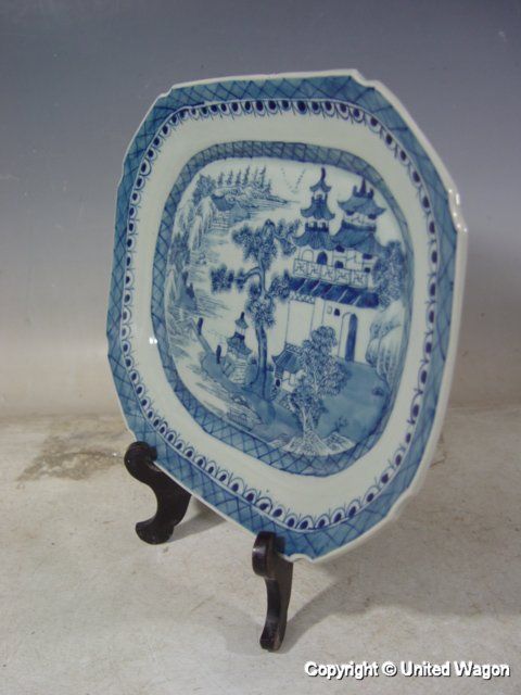 STUNNING EXPORT CANTON BLUE WHITE PORCELAIN PLATE PLATTER 13 W  