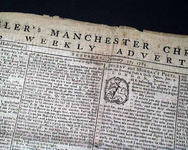 Rare MANCHESTER England 18th Century 1784 Old Newspaper  