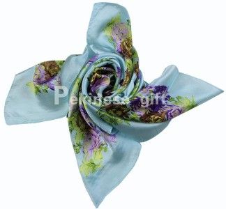 New Light Blue Lots Flowers Large Square 35 100% Silk Scarf Kerchief 