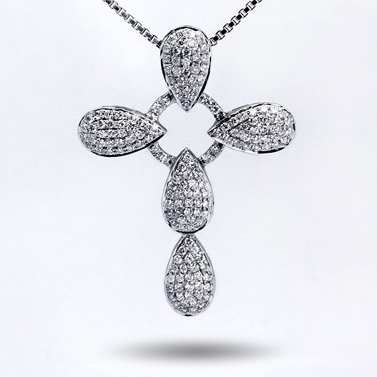 Real Authentic 18K Solid White Gold Prong Diamond Cross Shaped Pendant 