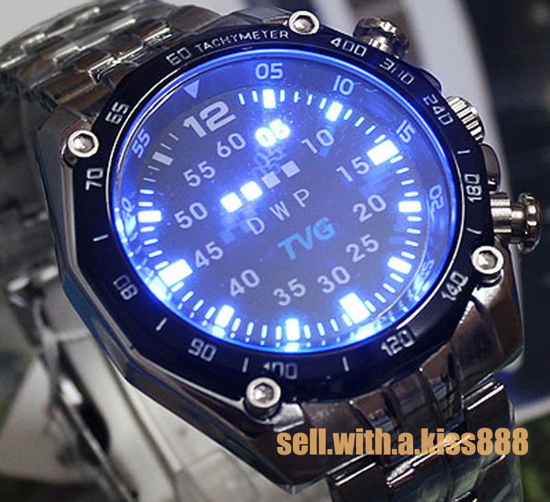 Rare Design Blue Binary LED Mens Shinshoku Black Watch  