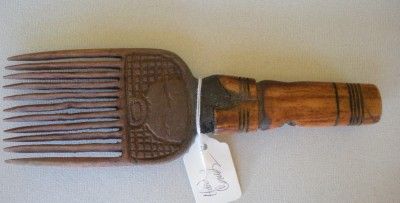 African carved cow bone and wood hair comb 11 tines  