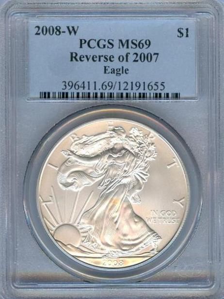 2008 W REVERSE 2007 BURNISHED SILVER EAGLE ERROR PCGS MS 69