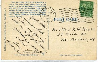   POSTCARD SKYLINE DRIVE TUNNEL VIRGINIA WASHINGTON 1 CENT STAMP  