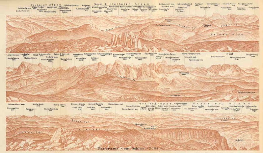 Italy Italia PANORAMA VOM SCHLERN.Old Vintage Map.1927  