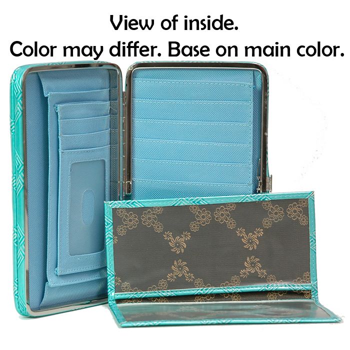 Women Lady Extra Deep Metal Frame Wallet Checkbook Blue  