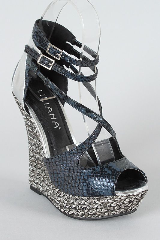 Hampton Snake Criss Cross Peep Toe Wedge {Black}  