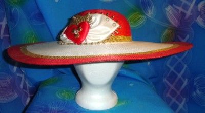 Valentines Heart Lrg Brim Red & Gold Straw Ladies Hat  