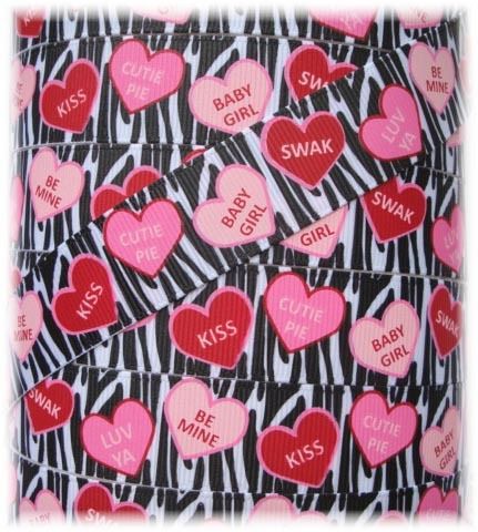 FUNKY ZEBRA VALENTINE CANDY HEARTS GROSGRAIN RIBBON  