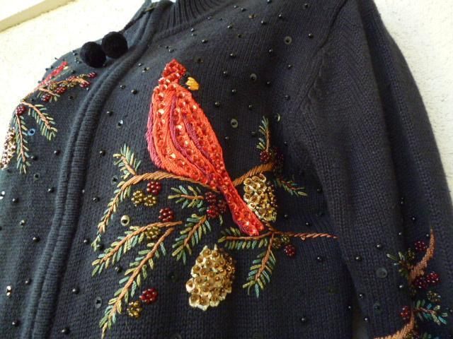   Sweater CARDINALS Beads Sequins Heirloom Collectibles Not Ugly S / M