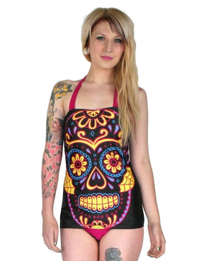 SUGAR SKULL SWIMSUIT DRESS pinup rockabilly goth punk top 50S retro 