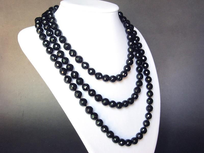 Necklace Black Onyx 60 10mm Facet Round Beads 14K  