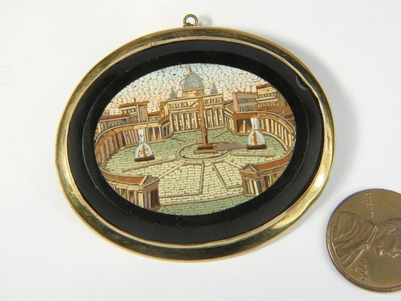   9K GOLD MICROMOSAIC PIN BROOCH ST PETERS SQUARE BASILICA ROME c1850