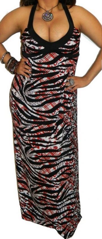 GOTH ROCKABILLY ZEBRA TIGER CHEETAH LOW CLEAVAGE HALTER LONG MAXI 