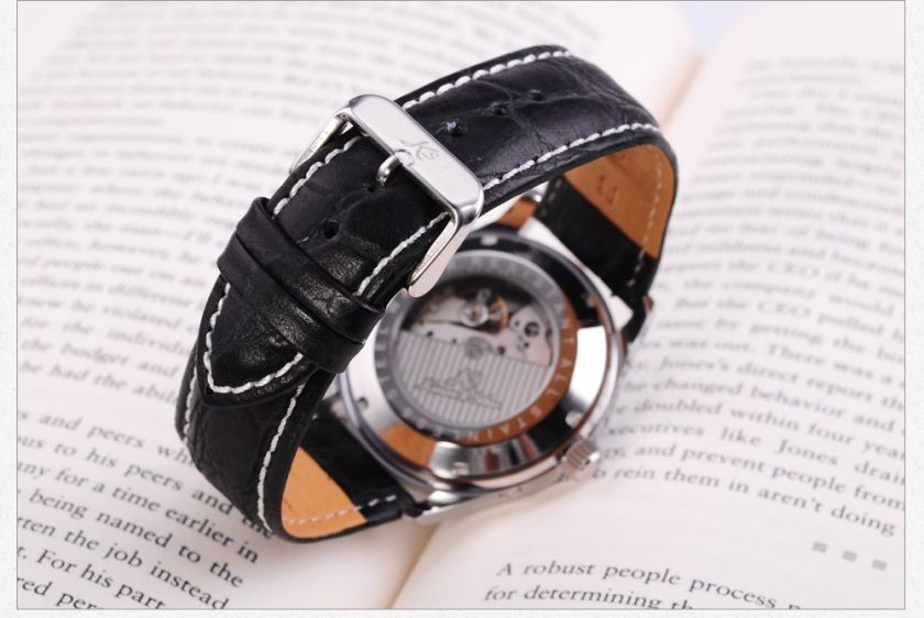 KS Date Day Auto Mechanical Leather Mens Wrist Watch  