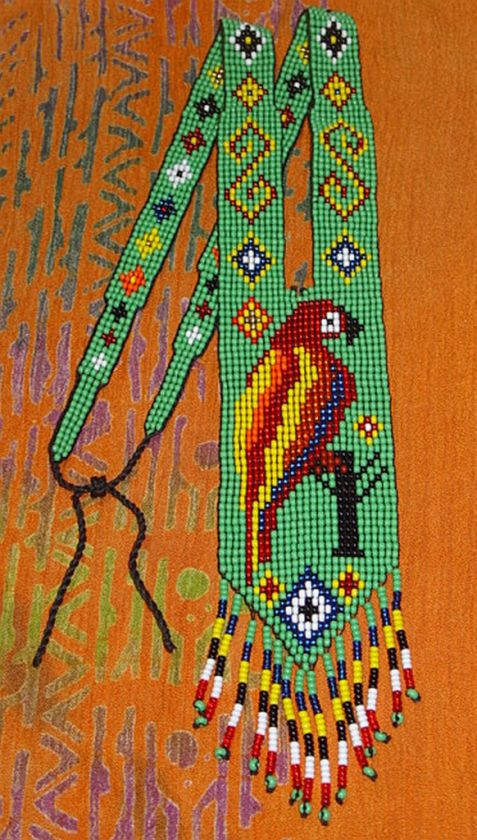 Glass Seed Bead Loom Work Necklace W/ Macaw, Colombia  