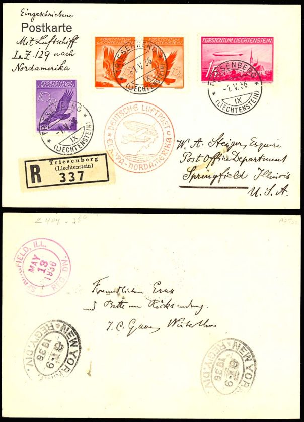 HINDENBURG FLIGHT COVER LICHTENSTEIN to SPRINGFIELD IL  