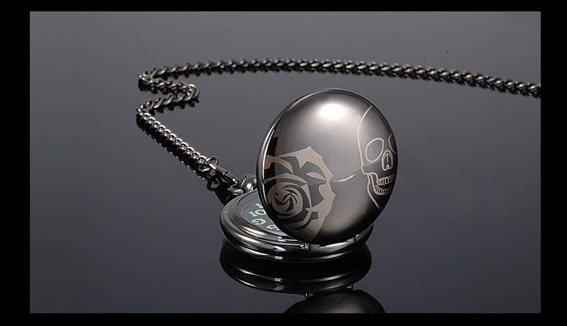 Amazing Rose & Skull Skeleton Black fob mens Analog Pocket Watch 