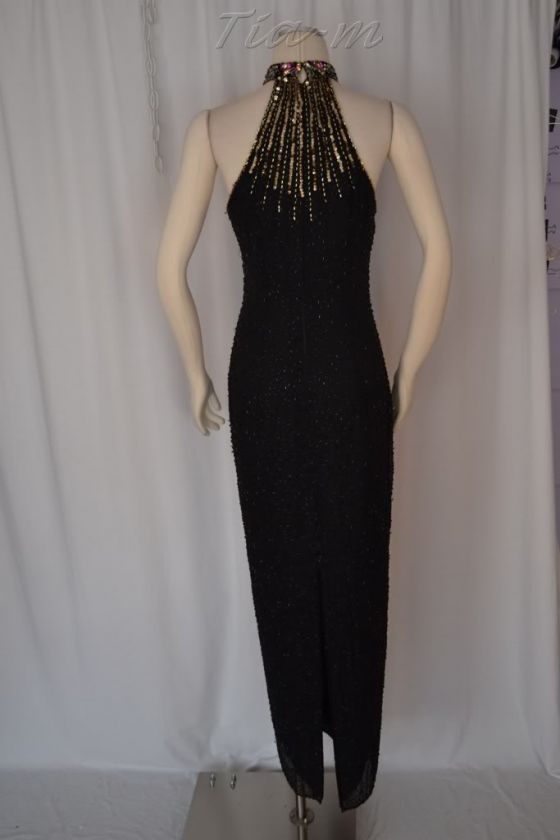 BONNIES BOUTIQUE BEADED BRA FORMAL PAGEANT BIAS CUT BLACK DRESS WOMEN 