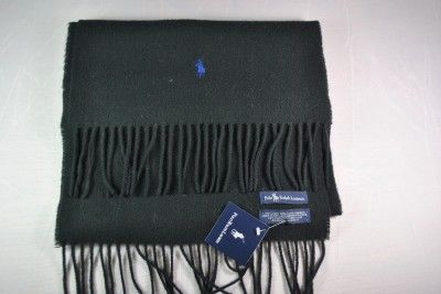 NWT POLO RALPH LAUREN MENS SCARF BLACK WITH BLUE LOGO 100% LAMBS WOOL 