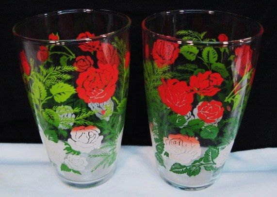 VTG SWANKY SWIGS RED ROSES FLOWERS~GLASS TUMBLERS~2  