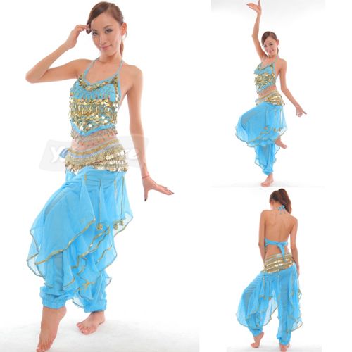 Hot Belly Dance Costume Top + Gold Wavy Pants Bloomers + Hip Scarf 