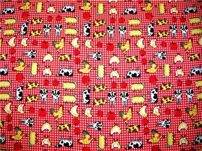 New Farm Country Cow Sheep Chicken Pig Red White Gingham Fabric Fat 