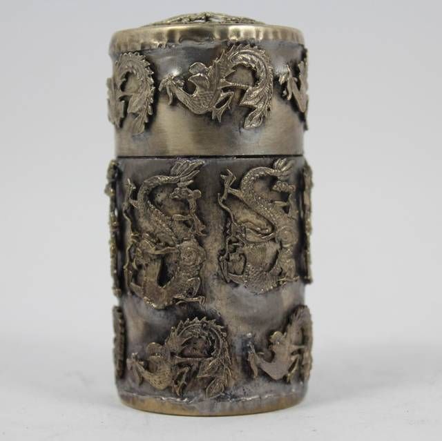 CHINESE HANDWORK DRAGON PHOENIX OLD TIBET SILVER TOOTHPICK BOX 