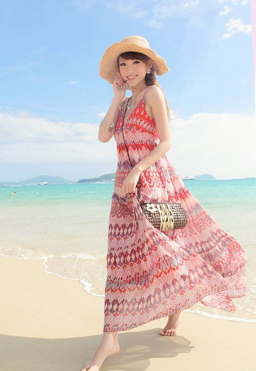 Women Summer Chiffon Beach Dress Sexy V neck BOHO Long Sundress  