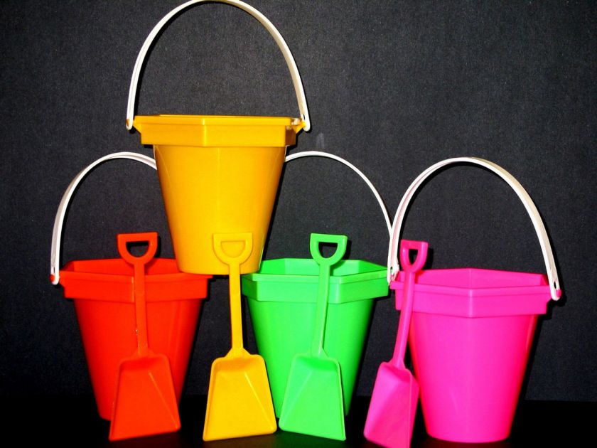 BEACH BUCKETS ORANGE LIME YELLOW PINK PLASTIC BUCKETS  