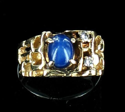 VINTAGE ORGANIC 14 KT GOLD BLUE STAR SAPPHIRE DIAM RING  