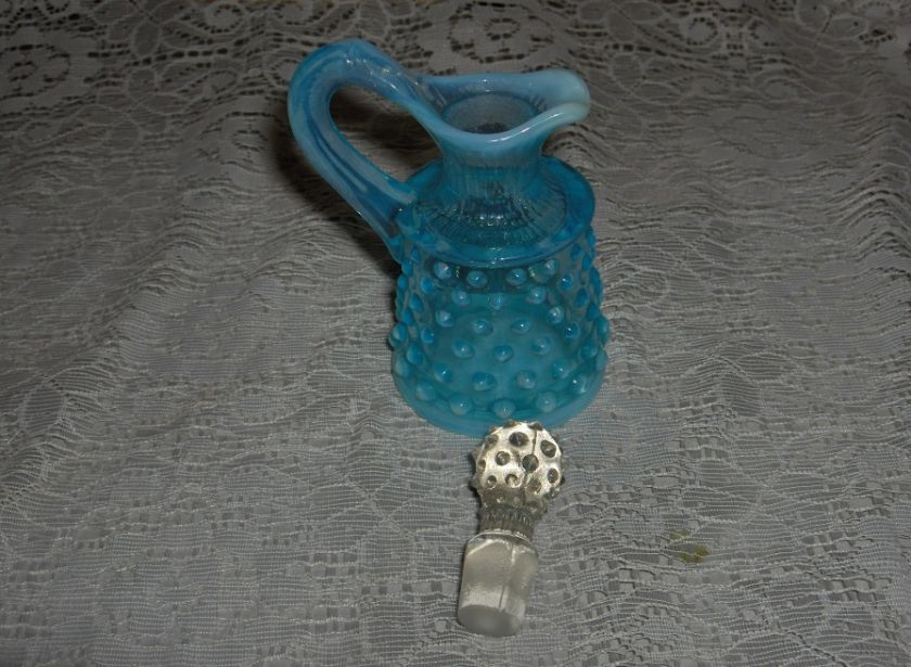 Vintage 1950s Fenton Glass Crystal Opalescence Blue Hobnail Perfume 