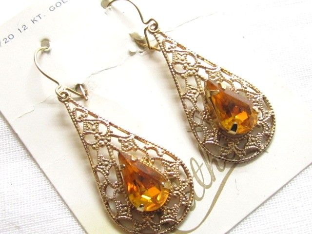 Vintage CATHE 12Kt GF wire rhinestone Filigree EARRINGS  