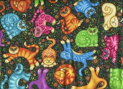 SEW CATTY COLORFUL CATS ON BLACK Cotton Quilt Fabric  