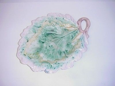 ANTIQUE MAJOLICA LEAF SHAPED BOWL PLATTER LARGE 12.5  