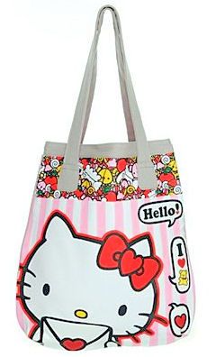 HELLO KITTY~ 50TH ANNIVERSARY PINK STRIPE I LOVE TEDDY TOTE PURSE BAG 