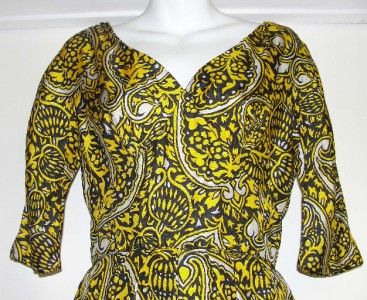 VTG YELLOW & BLACK damask PAISLEY WIGGLE DRESS MAD MEN  