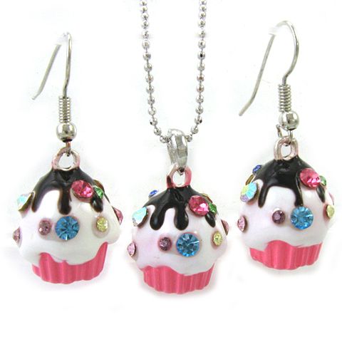 Cute Party Chocolate Pink Cup Cake Necklace Earring Set  