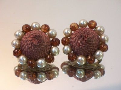 Vtg Japan Braided Wicker Brown White Pearl Earrings  