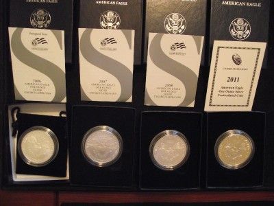 ALL 4 BURNISHED SILVER EAGLES 2006 W, 2007 W, 2008 W, & 2011 W 