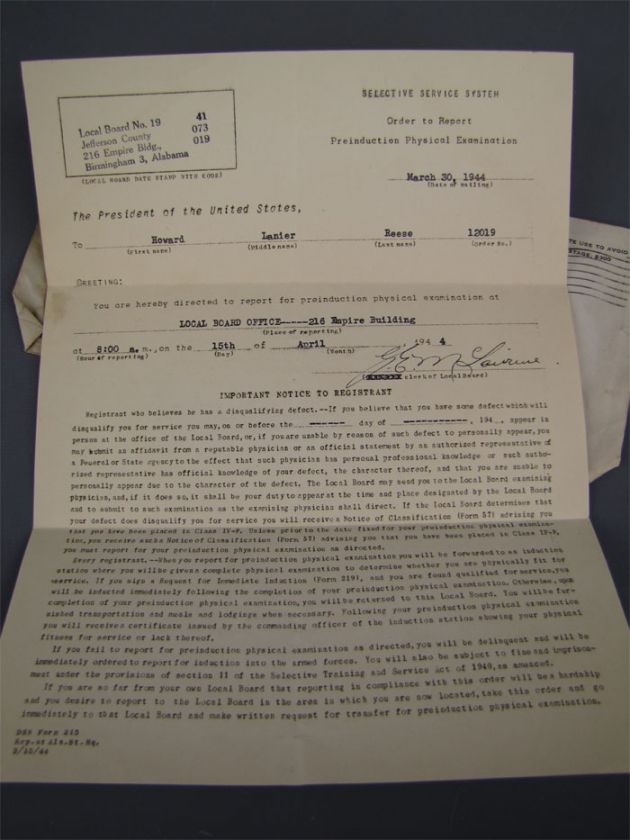 1944 Selective Service Order to Report Letter Phys Exam  